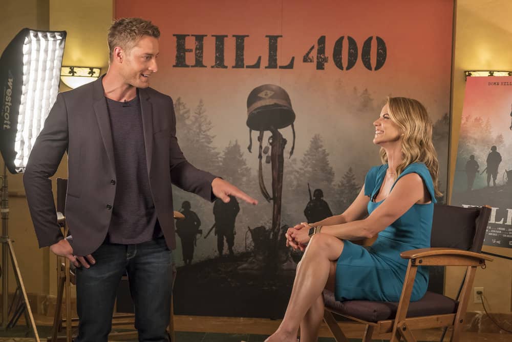 THIS IS US -- "Ave Maria" Episode 301 -- Pictured: (l-r) Justin Hartley as Kevin, Natalie Morales as herself -- (Photo by: Ron Batzdorff/NBC)