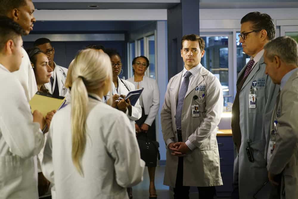 CHICAGO MED -- "Be My Better Half" Episode 401 -- Pictured: (l-r) S. Epatha Merkerson as Sharon Goodwin, Nate Santana as Jimmy Lanik, Oliver Platt as Dr. Daniel Charles, Eddie Jemison as Dr. Stanley Stohl -- (Photo by: Elizabeth Sisson/NBC)