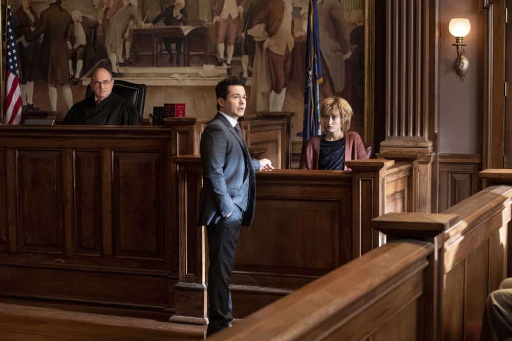 "Jury Duty"--Bull finds himself on the opposite side of voire dire when he must serve jury duty while simultaneously mounting a defense for a woman on trial for killing her daughter's murderer, on BULL, Monday, Oct. 1 (10:00-11:00 PM, ET/PT) on the CBS Television Network. Pictured L-R: Todd Susman as Judge Mathias Cleary, Freddy Rodriguez as Benny Col--n, and Gus Birney as Penny Spiro Photo: David Giesbrecht/CBS é2018 CBS Broadcasting, Inc. All Rights Reserved