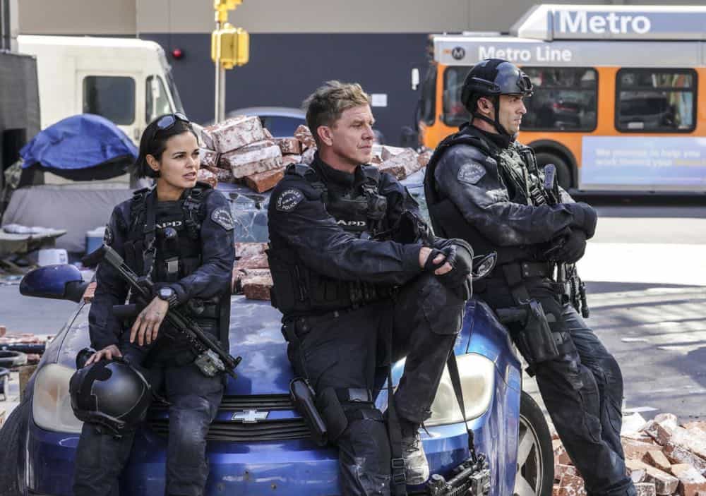 "Shaky Town" -- The SWAT team engages in a standoff with human traffickers holding child hostages when a major earthquake hits Los Angeles during their operation and compromises the takedown. Also, while Hondo forms an unexpected personal connection with Deputy District Attorney Nia Wells (Nikiva Dionne), Jim Street has trouble adjusting to his new life as a patrol officer, on the second season premiere of S.W.A.T., Thursday, Sept. 27 (10:00-11:00 PM, ET/PT) on the CBS Television Network. Pictured L to R: Lina Esco as Christina "Chris" Alonso and Kenny Johnson as Dominique Luca. Photo: Bill Inoshita/CBS é2018 CBS Broadcasting, Inc. All Rights Reserved "Shaky Town" -- The SWAT team engages in a standoff with human traffickers holding child hostages when a major earthquake hits Los Angeles during their operation and compromises the takedown. Also, while Hondo forms an unexpected personal connection with Deputy District Attorney Nia Wells (Nikiva Dionne), Jim Street has trouble adjusting to his new life as a patrol officer, on the second season premiere of S.W.A.T., Thursday, Sept. 27 (10:00-11:00 PM, ET/PT) on the CBS Television Network. Pictured L to R: Lina Esco as Christina "Chris" Alonso and Kenny Johnson as Dominique Luca. Photo: Bill Inoshita/CBS é2018 CBS Broadcasting, Inc. All Rights Reserved
