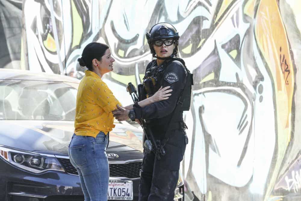 "Shaky Town" -- The SWAT team engages in a standoff with human traffickers holding child hostages when a major earthquake hits Los Angeles during their operation and compromises the takedown. Also, while Hondo forms an unexpected personal connection with Deputy District Attorney Nia Wells (Nikiva Dionne), Jim Street has trouble adjusting to his new life as a patrol officer, on the second season premiere of S.W.A.T., Thursday, Sept. 27 (10:00-11:00 PM, ET/PT) on the CBS Television Network. Pictured L to R: Lynn Adrianna as Carol and Lina Esco as Christina "Chris" Alonso. Photo: Bill Inoshita/CBS é2018 CBS Broadcasting, Inc. All Rights Reserved "Shaky Town" -- The SWAT team engages in a standoff with human traffickers holding child hostages when a major earthquake hits Los Angeles during their operation and compromises the takedown. Also, while Hondo forms an unexpected personal connection with Deputy District Attorney Nia Wells (Nikiva Dionne), Jim Street has trouble adjusting to his new life as a patrol officer, on the second season premiere of S.W.A.T., Thursday, Sept. 27 (10:00-11:00 PM, ET/PT) on the CBS Television Network. Pictured L to R: Lynn Adrianna as Carol and Lina Esco as Christina "Chris" Alonso. Photo: Bill Inoshita/CBS é2018 CBS Broadcasting, Inc. All Rights Reserved