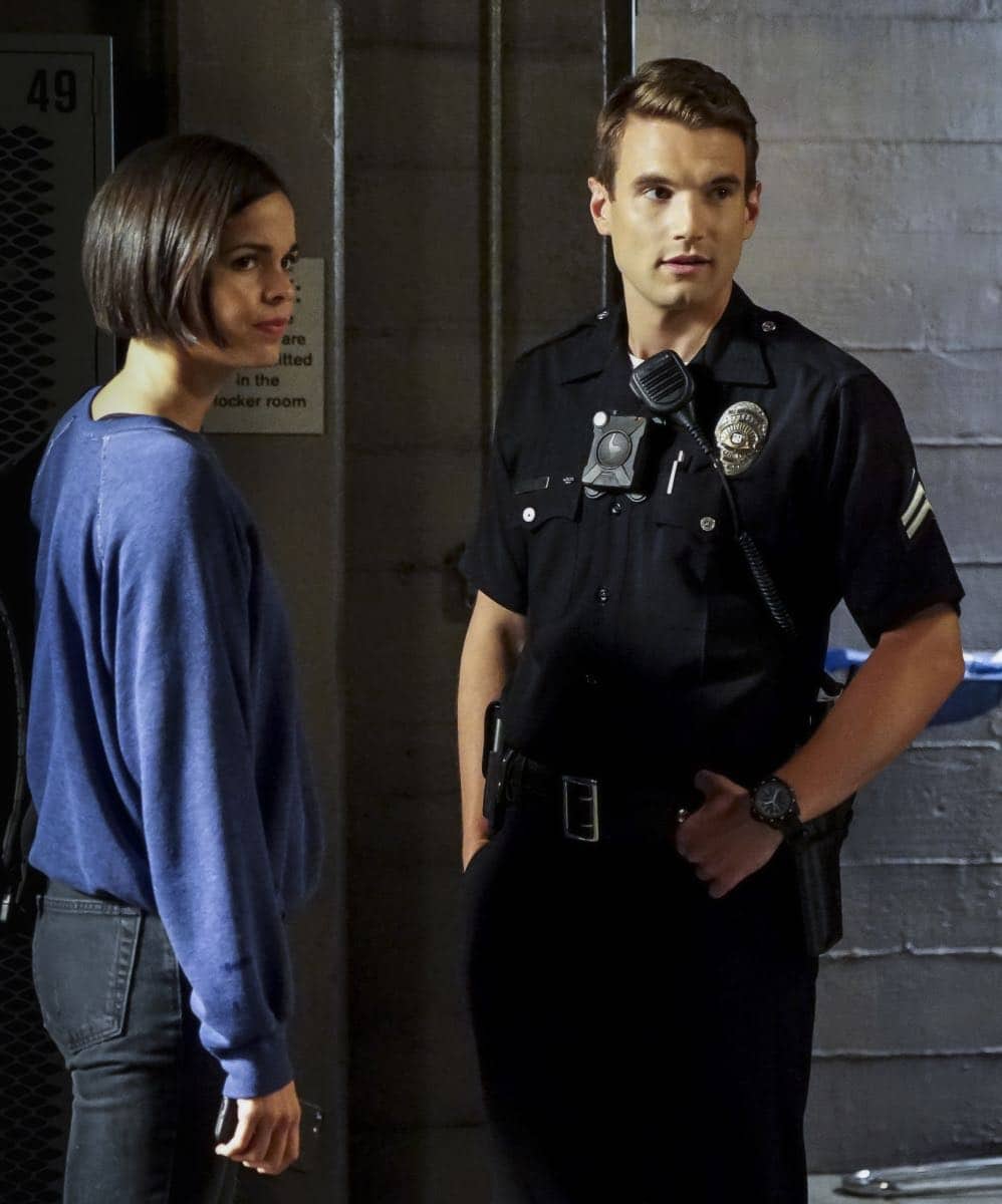 "Shaky Town" -- The SWAT team engages in a standoff with human traffickers holding child hostages when a major earthquake hits Los Angeles during their operation and compromises the takedown. Also, while Hondo forms an unexpected personal connection with Deputy District Attorney Nia Wells (Nikiva Dionne), Jim Street has trouble adjusting to his new life as a patrol officer, on the second season premiere of S.W.A.T., Thursday, Sept. 27 (10:00-11:00 PM, ET/PT) on the CBS Television Network. Pictured L to R: Lina Esco as Christina "Chris" Alonso and Alex Russell as Jim Street. Photo: Bill Inoshita/CBS é2018 CBS Broadcasting, Inc. All Rights Reserved