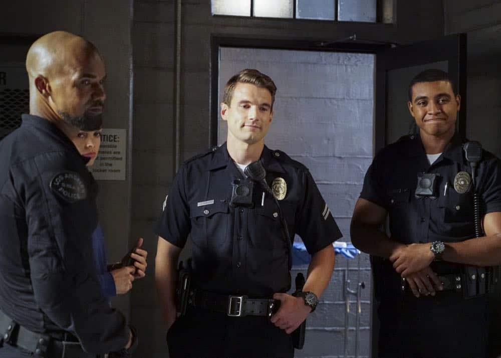 "Shaky Town" -- The SWAT team engages in a standoff with human traffickers holding child hostages when a major earthquake hits Los Angeles during their operation and compromises the takedown. Also, while Hondo forms an unexpected personal connection with Deputy District Attorney Nia Wells (Nikiva Dionne), Jim Street has trouble adjusting to his new life as a patrol officer, on the second season premiere of S.W.A.T., Thursday, Sept. 27 (10:00-11:00 PM, ET/PT) on the CBS Television Network. Pictured: Shemar Moore as Daniel "Hondo" Harrelson, Lina Esco as Christina "Chris" Alonso, Alex Russell as Jim Street and Joseph Lee Anderson as Tony. Photo: Bill Inoshita/CBS é2018 CBS Broadcasting, Inc. All Rights Reserved