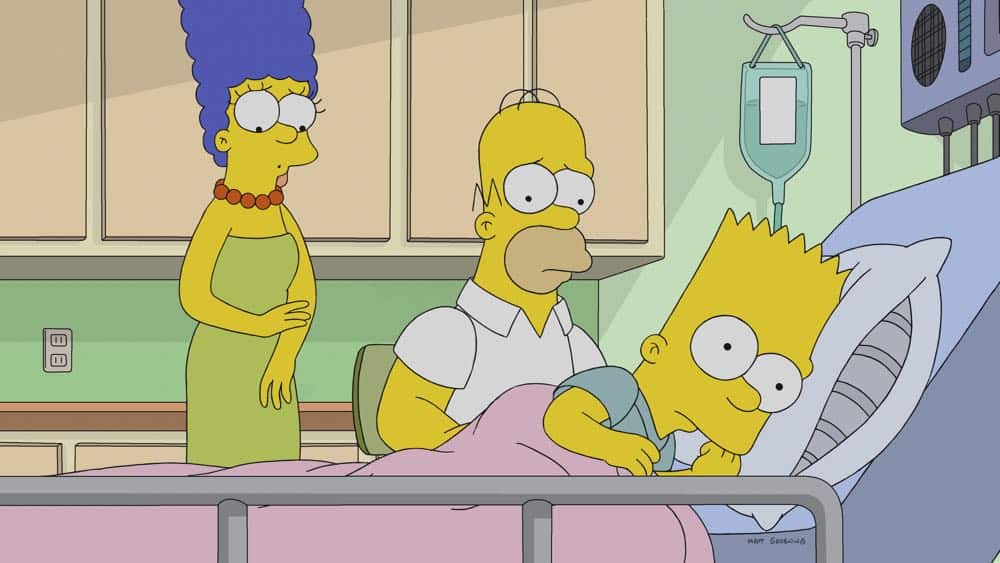 THE SIMPSONS: Bart takes a dare, and ends up in the hospital. To cover for himself and Homer, he says he went to Heaven and met Jesus. Christian producers offer the Simpsons a movie deal, which Homer takes. But Bart can’t deal with the guilt and comes clean to Marge after the movie is finished in the all-new “Bart’s Not Dead” episode of THE SIMPSONS airing Sunday, Sept. 30, (8:00-8:30 PM ET/PT). THE SIMPSONS ™ and © 2018 TCFFC ALL RIGHTS RESERVED THE SIMPSONS: Bart takes a dare, and ends up in the hospital. To cover for himself and Homer, he says he went to Heaven and met Jesus. Christian producers offer the Simpsons a movie deal, which Homer takes. But Bart can’t deal with the guilt and comes clean to Marge after the movie is finished in the all-new “Bart’s Not Dead” episode of THE SIMPSONS airing Sunday, Sept. 30, (8:00-8:30 PM ET/PT). THE SIMPSONS ™ and © 2018 TCFFC ALL RIGHTS RESERVED