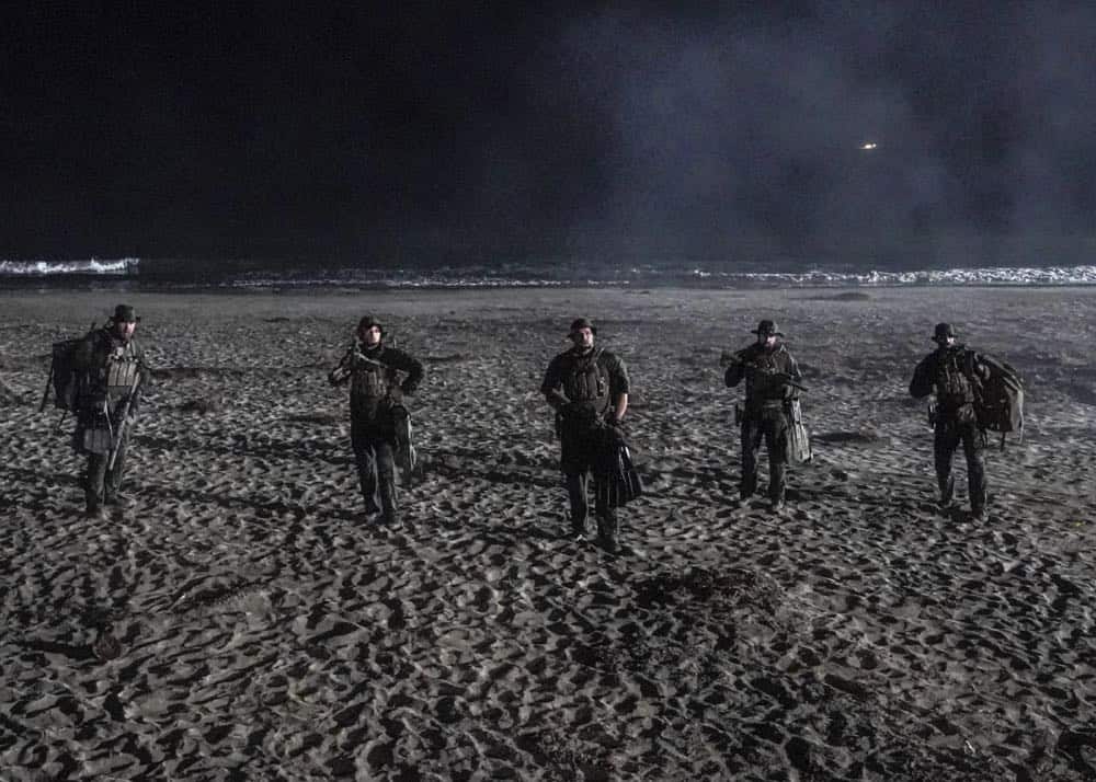 "Fracture" -- Jason and Bravo Team head to the Gulf of Guinea to rescue American hostages after an oil platform is overtaken by armed militants, on the second season premiere of SEAL TEAM, Wednesday, Oct. 3 (9:00-10:00 PM, ET/PT) on the CBS Television Network. Pictured L to R: Tyler Grey as Trent, Max Thieriot as Clay Spenser, David Boreanaz as Jason Hayes and AJ Buckley as Sonny Quinn and Justin Melnick as Brock. Photo: Monty Brinton/CBS é2018 CBS Broadcasting, Inc. All Rights Reserved
