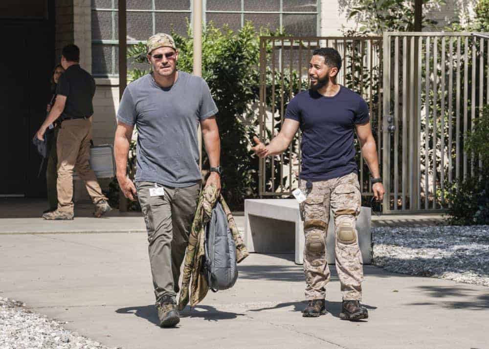 "Fracture" -- Jason and Bravo Team head to the Gulf of Guinea to rescue American hostages after an oil platform is overtaken by armed militants, on the second season premiere of SEAL TEAM, Wednesday, Oct. 3 (9:00-10:00 PM, ET/PT) on the CBS Television Network. Pictured L to R: David Boreanaz as Jason Hayes and Neil Brown Jr. as Ray Perry. Photo: Monty Brinton/CBSé2018 CBS Broadcasting, Inc. All Rights Reserved
