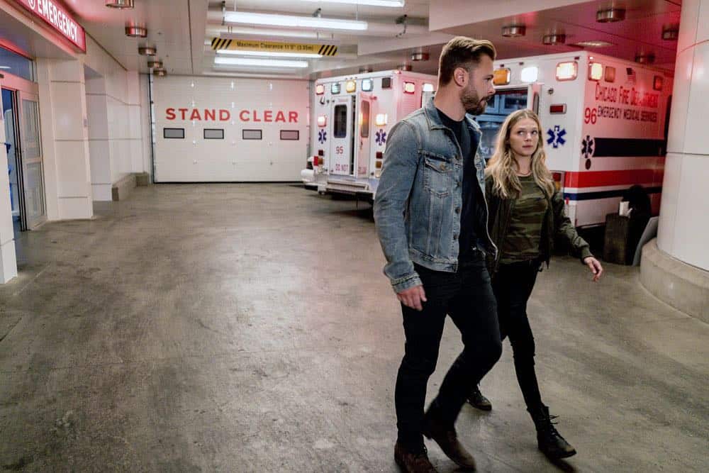 CHICAGO P.D. -- "Endings" Episode 603 -- Pictured: (l-r) Patrick John Flueger as Adam Ruzek, Tracy Spiridakos as Hailey Upton -- (Photo by: Matt Dinerstein/NBC)
