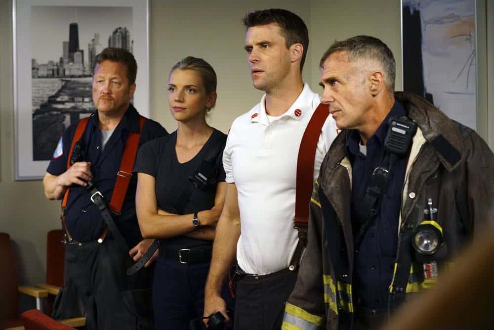 CHICAGO MED -- "When To Let Go" Episode 402 -- Pictured: (l-r) Christian Stolte as Randy "Mouch" McHolland, Kara Killmer as Sylvie Brett, Jesse Spencer as Matthew Casey, David Eigenberg as Christopher Herrmann -- (Photo by: Elizabeth Sisson/NBC)