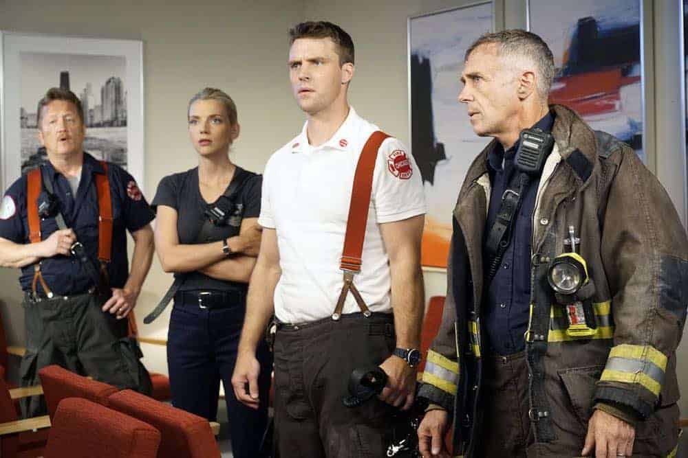 CHICAGO MED -- "When To Let Go" Episode 402 -- Pictured: (l-r) Christian Stolte as Randy "Mouch" McHolland, Kara Killmer as Sylvie Brett, Jesse Spencer as Matthew Casey, David Eigenberg as Christopher Herrmann -- (Photo by: Elizabeth Sisson/NBC) CHICAGO MED -- "When To Let Go" Episode 402 -- Pictured: (l-r) Christian Stolte as Randy "Mouch" McHolland, Kara Killmer as Sylvie Brett, Jesse Spencer as Matthew Casey, David Eigenberg as Christopher Herrmann -- (Photo by: Elizabeth Sisson/NBC)