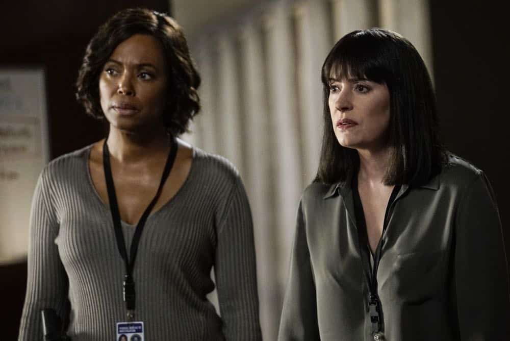 "300" -- When Reid and Garcia are abducted by Benjamin Merva (Michael Hogan), it's up to the rest of the team to find them. The BAU finds surprising clues in their own history to solve why the two heroes have been targeted by a mass murderer. It's a race to save them before a "Believers" prophecy is fulfilled, on the 14th season premiere of CRIMINAL MINDS, Wednesday, Oct. 3 (10:00-11:00 PM, ET/PT) on the CBS Television Network. Pictured: Aisha Tyler (Dr. Tara Lewis), Paget Brewster (Emily Prentiss) Photo: Cliff Lipson/CBS é2018 CBS Broadcasting, Inc. All Rights Reserved "300" -- When Reid and Garcia are abducted by Benjamin Merva (Michael Hogan), it's up to the rest of the team to find them. The BAU finds surprising clues in their own history to solve why the two heroes have been targeted by a mass murderer. It's a race to save them before a "Believers" prophecy is fulfilled, on the 14th season premiere of CRIMINAL MINDS, Wednesday, Oct. 3 (10:00-11:00 PM, ET/PT) on the CBS Television Network. Pictured: Aisha Tyler (Dr. Tara Lewis), Paget Brewster (Emily Prentiss) Photo: Cliff Lipson/CBS é2018 CBS Broadcasting, Inc. All Rights Reserved