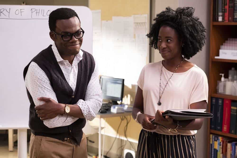 THE GOOD PLACE -- "The Brainy Bunch" Episode 303 -- Pictured: (l-r) William Harper Jackson as Chidi, Kirby Howell-Baptiste as Simone Garnett -- (Photo by: Justin Lubin/NBC)