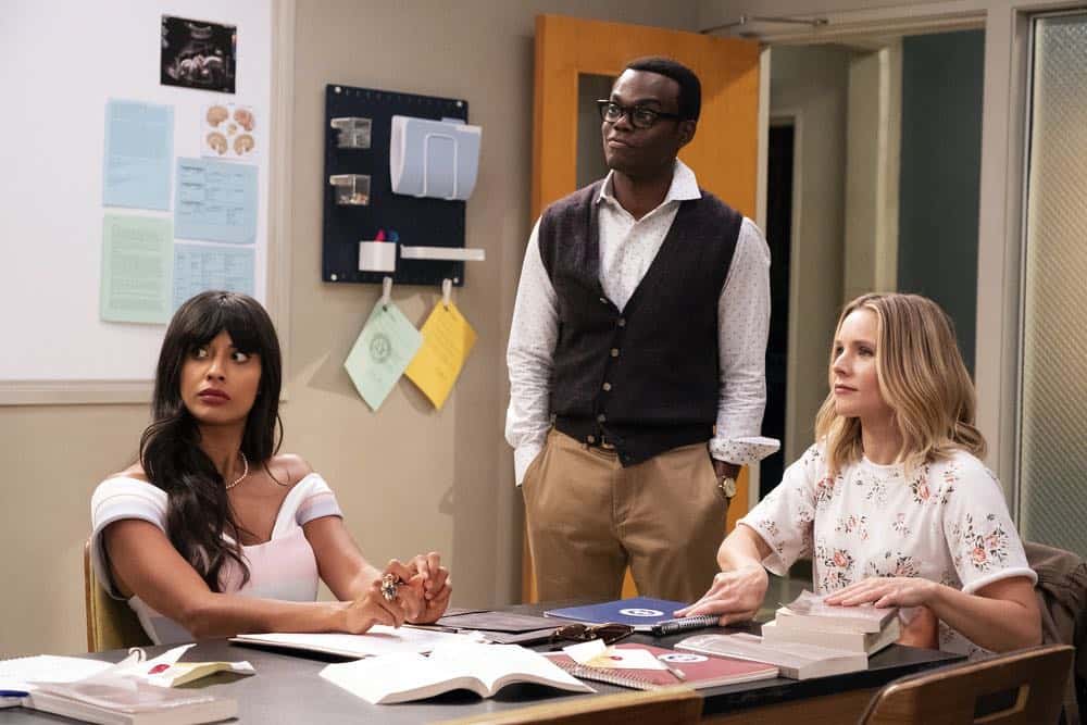 THE GOOD PLACE -- "The Brainy Bunch" Episode 303 -- Pictured: (l-r) Jameela Jamil as Tahani, William Harper Jackson as Chidi, Kristen Bell as Eleanor -- (Photo by: Justin Lubin/NBC) THE GOOD PLACE -- "The Brainy Bunch" Episode 303 -- Pictured: (l-r) Jameela Jamil as Tahani, William Harper Jackson as Chidi, Kristen Bell as Eleanor -- (Photo by: Justin Lubin/NBC)