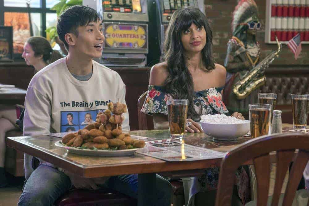 THE GOOD PLACE -- "The Brainy Bunch" Episode 303 -- Pictured: (l-r) Manny Jacinto as Jason Mendoza, Jameela Jamil as Tahani -- (Photo by: Ron Batzdorff/NBC) THE GOOD PLACE -- "The Brainy Bunch" Episode 303 -- Pictured: (l-r) Manny Jacinto as Jason Mendoza, Jameela Jamil as Tahani -- (Photo by: Ron Batzdorff/NBC)