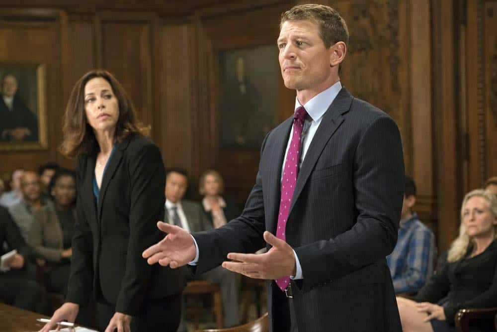 LAW & ORDER: SPECIAL VICTIMS UNIT -- "Zero Tolerance" Episode 2002 -- Pictured: (l-r) Jennifer Regan as Kim Caldwell, Philip Winchester as Peter Stone -- (Photo by: Barbara Nitke/NBC)