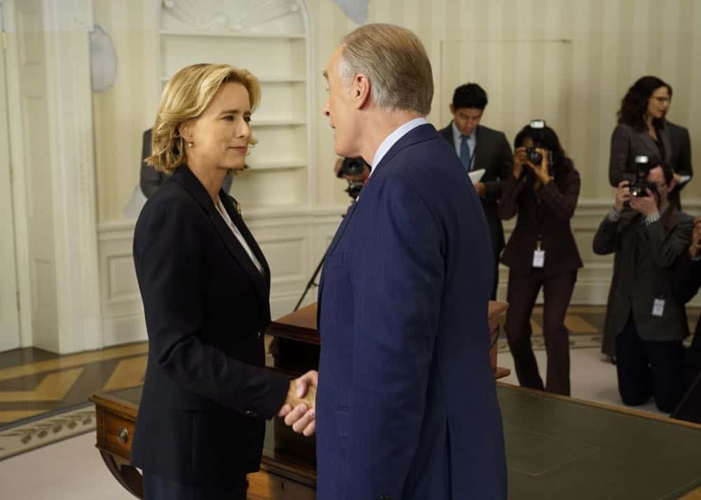 "E Pluribus Unum"-- Former Secretaries of State Hillary Clinton, General Colin Powell and Madeleine Albright joined Téa Leoni on set at Madam Secretary. In this upcoming episode, Secretary of State Elizabeth McCord turns to the former Secretaries of State to ask their advice on how to respond to a delicate situation, in the fifth season premiere of MADAM SECRETARY, Sunday, October 7 (10:00-11:00 PM ET/PT) on the CBS Television Network. Pictured (L-R) Téa Leoni as Elizabeth McCord and Keith Carradine as President Conrad Dalton. Photo: David M. Russell/CBSé2018 CBS Broadcasting, Inc. All Rights Reserved