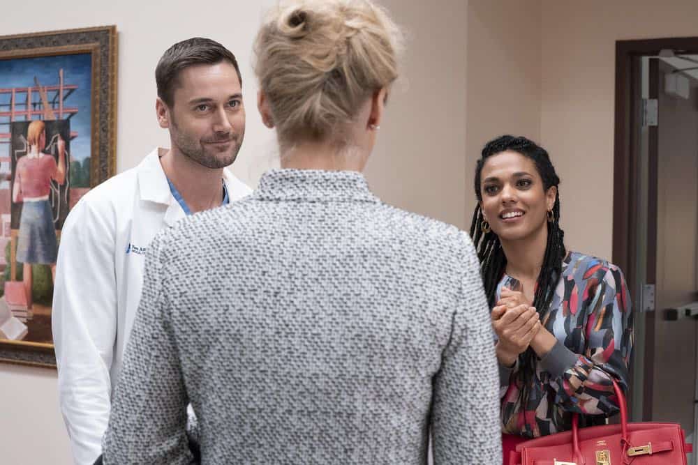 NEW AMSTERDAM -- "Every Last Minute" Episode 103 -- Pictured: (l-r) Ryan Eggold as Dr. Max Goodwin, Freema Agyeman as Dr. Helen Sharpe -- (Photo by: Virginia Sherwood/NBC) NEW AMSTERDAM -- "Every Last Minute" Episode 103 -- Pictured: (l-r) Ryan Eggold as Dr. Max Goodwin, Freema Agyeman as Dr. Helen Sharpe -- (Photo by: Virginia Sherwood/NBC)