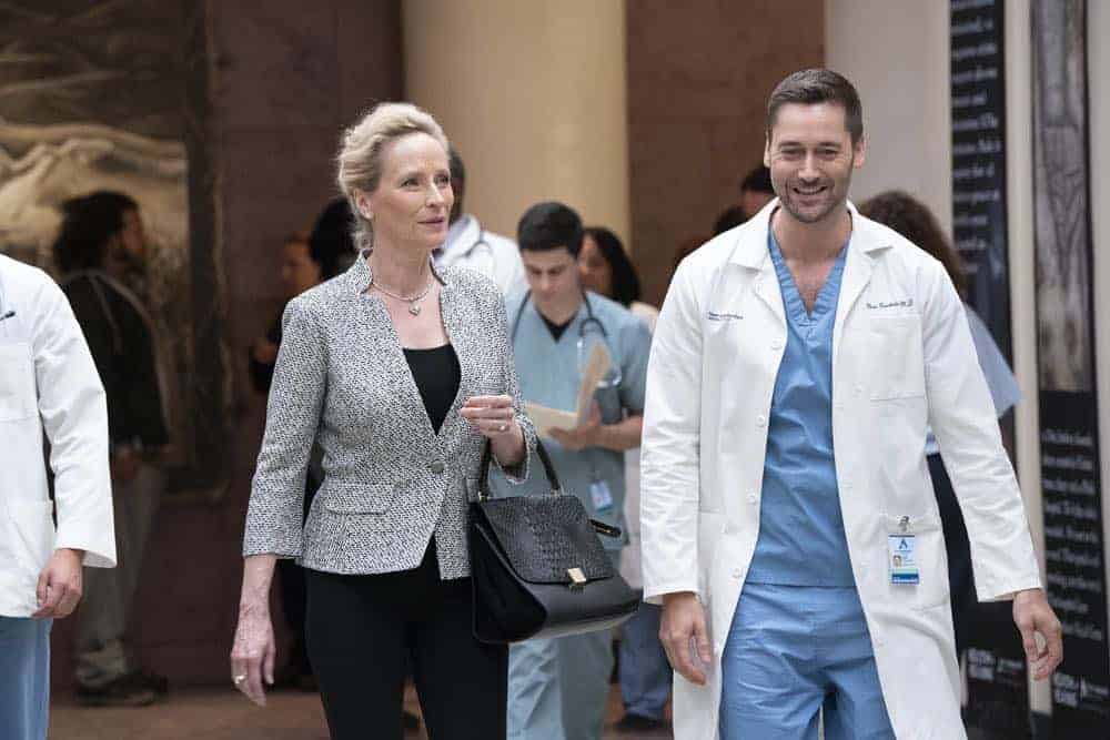 NEW AMSTERDAM -- "Every Last Minute" Episode 103 -- Pictured: (l-r) Laila Robins as Mrs. Ryland, Ryan Eggold as Dr. Max Goodwin -- (Photo by: Virginia Sherwood/NBC)