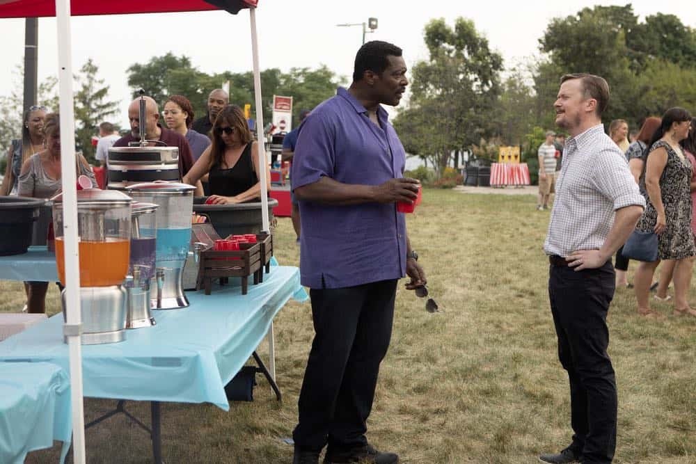 CHICAGO FIRE -- "Thirty Percent Sleight of Hand" Episode 703 -- Pictured: (l-r) Eamonn Walker as Wallace Boden, Steven Boyer as Jerry Gorsch -- (Photo by: Adrian Burrows/NBC) CHICAGO FIRE -- "Thirty Percent Sleight of Hand" Episode 703 -- Pictured: (l-r) Eamonn Walker as Wallace Boden, Steven Boyer as Jerry Gorsch -- (Photo by: Adrian Burrows/NBC)