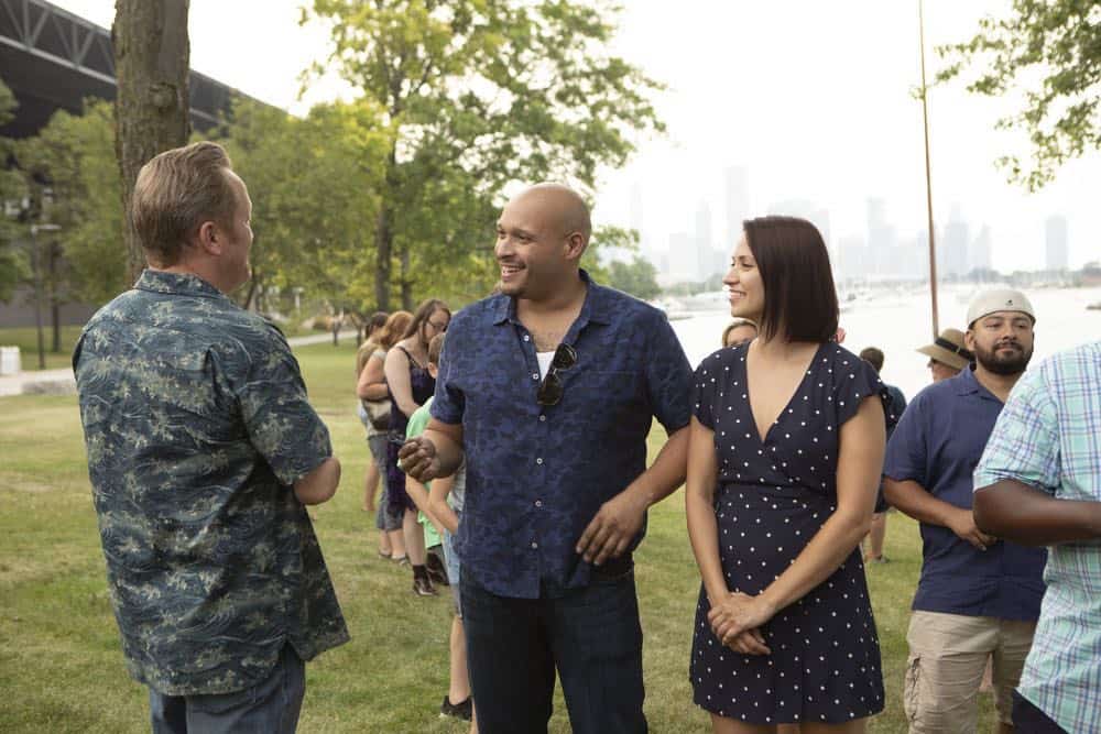 CHICAGO FIRE -- "Thirty Percent Sleight of Hand" Episode 703 -- Pictured: (l-r) Christian Stolte as Randy "Mouch" McHolland, Joe Minoso as Joe Cruz, KristenGutoskie as Chloe -- (Photo by: Adrian Burrows/NBC) CHICAGO FIRE -- "Thirty Percent Sleight of Hand" Episode 703 -- Pictured: (l-r) Christian Stolte as Randy "Mouch" McHolland, Joe Minoso as Joe Cruz, Kristen Gutoskie as Chloe -- (Photo by: Adrian Burrows/NBC)