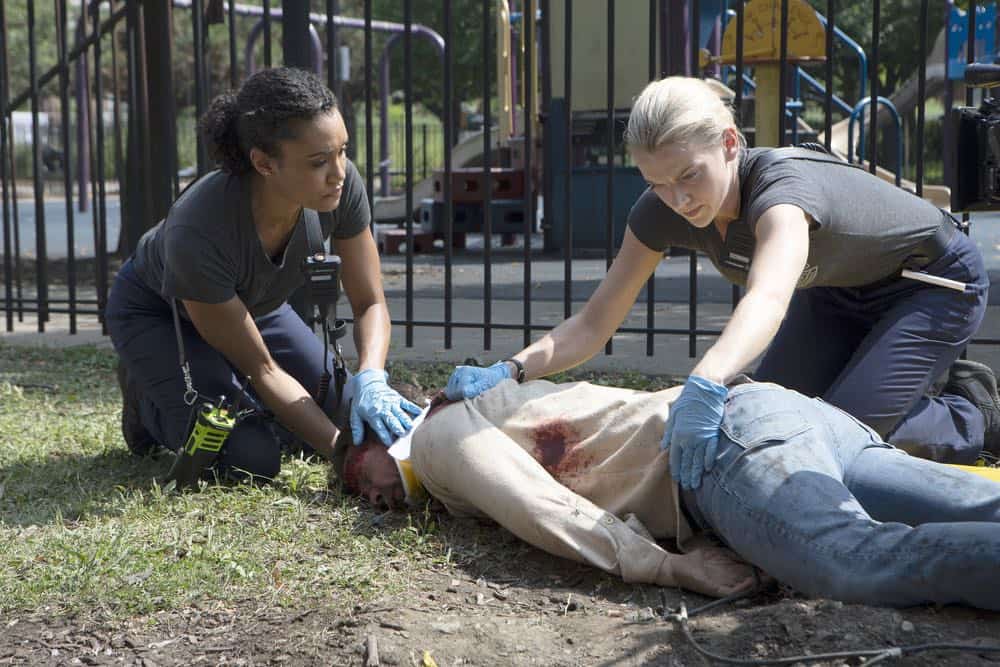 CHICAGO FIRE. -- "Thirty Percent Sleight of Hand" Episode 703 -- Pictured: (l-r) Annie Ilonzeh as Emily Foster, Kara Killmer as Sylvie Brett -- (Photo by: Adrian Burrows/NBC)