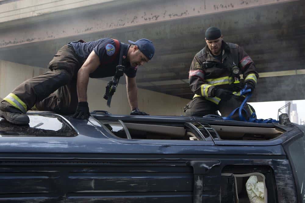 CHICAGO FIRE. -- "Thirty Percent Sleight of Hand" Episode 703 -- Pictured: Taylor Kinney as Kelly Severide, Joe Minoso as Joe Cruz -- (Photo by: Adrian Burrows/NBC)