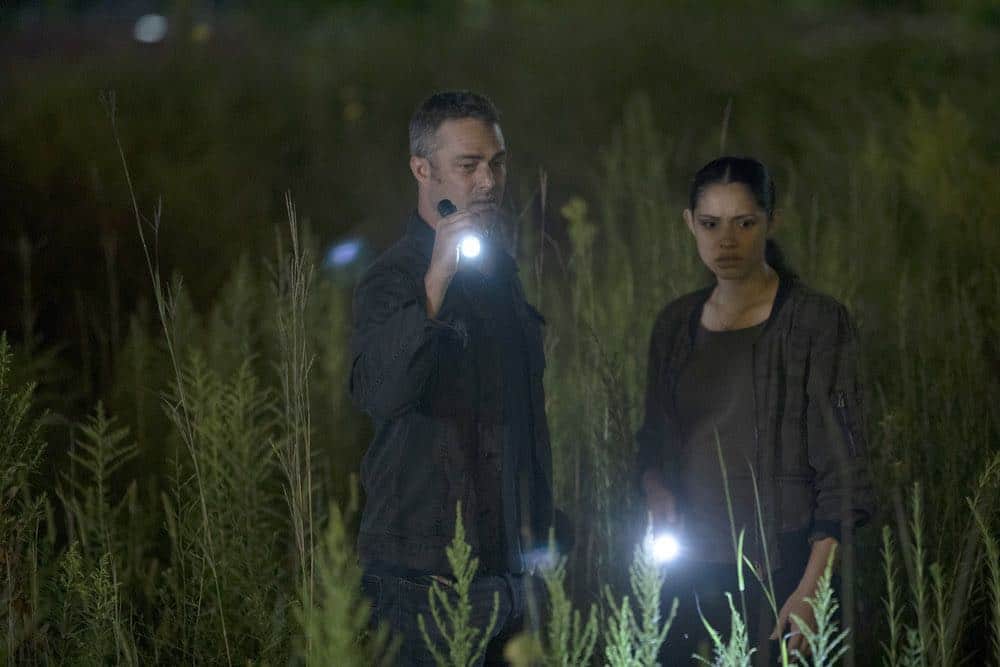 CHICAGO FIRE. -- "Thirty Percent Sleight of Hand" Episode 703 -- Pictured: (l-r) Taylor Kinney as Kelly Severide, Miranda Rae Mayo as Stella Kidd-- (Photo by: Adrian Burrows/NBC)