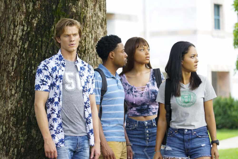 "Bozer + Booze + Back to School" -- MacGyver, Riley, Bozer and Leanna go undercover on a college campus to smoke out a deep-cover operative who is recruiting students to carry out deadly attacks around the world. Also, Jack joins bounty hunter Billy Colton (Lance Gross) in the hunt for a bail jumper but is concerned when he finds out Billy offered Riley a job, on MACGYVER, Friday, Oct. 12 (8:00-9:00 PM, ET/PT) on the CBS Television Network. Pictured: Lucas Till, Justin Hires, Reign Edwards, Tristin Mays Photo: Annette Brown/CBS é2018 CBS Broadcasting, Inc. All Rights Reserved