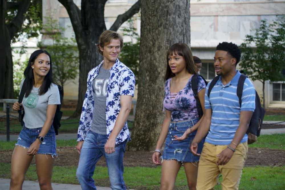 "Bozer + Booze + Back to School" -- MacGyver, Riley, Bozer and Leanna go undercover on a college campus to smoke out a deep-cover operative who is recruiting students to carry out deadly attacks around the world. Also, Jack joins bounty hunter Billy Colton (Lance Gross) in the hunt for a bail jumper but is concerned when he finds out Billy offered Riley a job, on MACGYVER, Friday, Oct. 12 (8:00-9:00 PM, ET/PT) on the CBS Television Network. Pictured: Tristin Mays, Lucas Till, Reign Edwards, Justin Hires. Photo: Annette Brown/CBS é2018 CBS Broadcasting, Inc. All Rights Reserved
