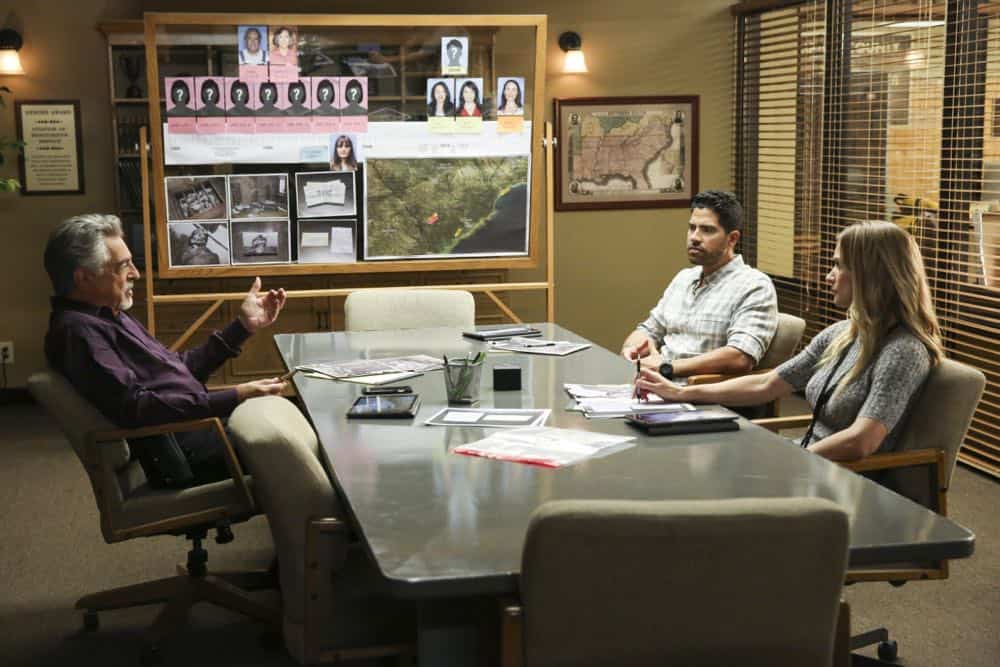 "Starter Home" -- When the mummified remains of numerous victims are found in the walls of an elderly couple's remote South Carolina home, Rossi, J.J. and Simmons are dispatched to track down a trail of clues that date back over 20 years. The hunt becomes urgent after BAU learns the killer has a specific ritual of when to strike, and like clockwork another person goes missing. Also, Rossi reconnects with his ex-wife, Krystall (Gail O'Grady), on CRIMINAL MINDS, Wednesday, Oct. 10 (10:00-11:00 PM, ET/PT) on the CBS Television Network. Pictured: Joe Mantegna (David Rossi), Adam Rodriguez (Luke Alvez), A.J. Cook (Jennifer Jareau) Photo: Michael Yarish/CBS é2018 CBS Broadcasting, Inc. All Rights Reserved