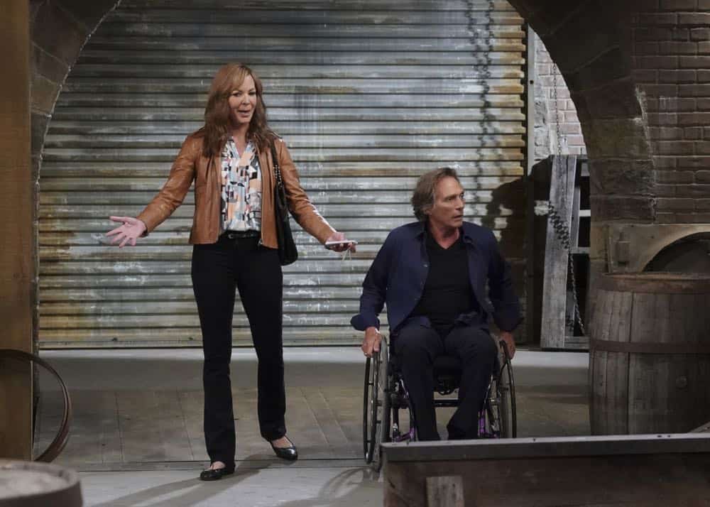 "Ambulance Chasers and a Babbling Brook" -- Christy's demanding law professor (Constance Zimmer) leans a little too hard on her for support, and Bonnie's plan to trick Adam into choosing a wedding venue backfires, on MOM, Thursday, date (9:01-9:30 PM, ET/PT) on the CBS Television Network. Pictured L to R: Allison Janney as Bonnie and William Fichtner as Adam. Photo: Monty Brinton/CBS é2018 CBS Broadcasting, Inc. All Rights Reserved "Ambulance Chasers and a Babbling Brook" -- Christy's demanding law professor (Constance Zimmer) leans a little too hard on her for support, and Bonnie's plan to trick Adam into choosing a wedding venue backfires, on MOM, Thursday, date (9:01-9:30 PM, ET/PT) on the CBS Television Network. Pictured L to R: Allison Janney as Bonnie and William Fichtner as Adam. Photo: Monty Brinton/CBS é2018 CBS Broadcasting, Inc. All Rights Reserved