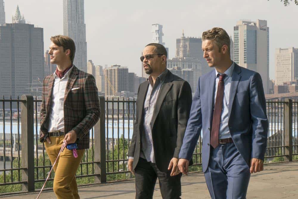LAW & ORDER: SPECIAL VICTIMS UNIT -- "Revenge" Episode 2004 -- Pictured: (l-r) Kyle Decker as Tate Brightman, Ice T as Odafin "Fin" Tutuola, Peter Scanavino as Dominick "Sonny" Carisi -- (Photo by: Barbara Nitke/NBC)