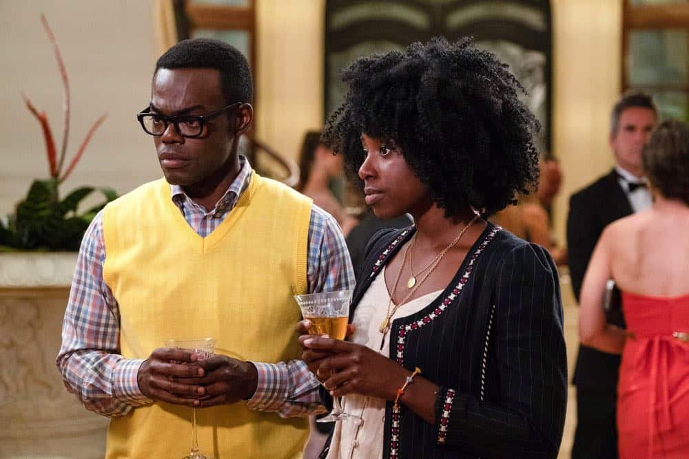 THE GOOD PLACE -- "The Snowplow" Episode 304 -- Pictured: (l-r) William Jackson Harper as Chidi, Kirby Howell-Baptiste as Simone Garnett -- (Photo by: Colleen Hayes/NBC) THE GOOD PLACE -- "The Snowplow" Episode 304 -- Pictured: (l-r) William Jackson Harper as Chidi, Kirby Howell-Baptiste as Simone Garnett -- (Photo by: Colleen Hayes/NBC)