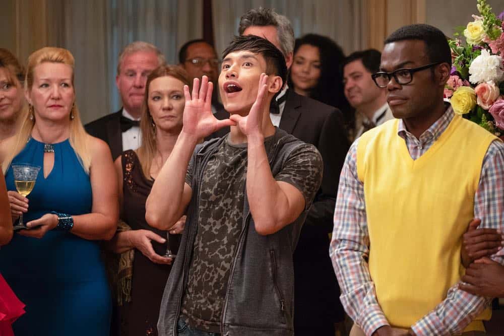 THE GOOD PLACE -- "The Snowplow" Episode 304 -- Pictured: (l-r) Manny Jacinto as Jason Mendoza, William Jackson Harper as Chidi -- (Photo by: Colleen Hayes/NBC)