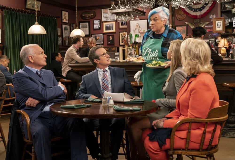 "Murphy Too" -- After attending a sexual harassment seminar for the "Murphy in the Morning" staff, Murphy is surprised to find herself reeling from the long-repressed memory of her own #MeToo moment, on MURPHY BROWN, Thursday, Oct. 11 (9:30-10:00 PM, ET/PT) on the CBS Television Network. Pictured L-R: Joe Regalbuto as Frank Fontana, Grant Shaud as Miles Silverberg, Tyne Daly as Phyllis, Faith Ford as Corky Sherwood, and Candice Bergen as Murphy Brown Photo Credit: David Giesbrecht/é 2018 Warner Bros. Entertainment Inc. All Rights Reserved