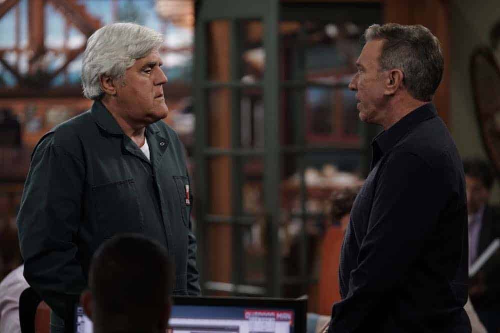 LAST MAN STANDING: L-R: Guest star Jay Leno and Tim Allen in the “Giving Mike The Business” episode of LAST MAN STANDING airing Friday, Oct. 12 (8:00-8:30 PM ET/PT) on FOX. © 2018 FOX Broadcasting. CR: Michael Becker / FOX. LAST MAN STANDING: L-R: Guest star Jay Leno and Tim Allen in the “Giving Mike The Business” episode of LAST MAN STANDING airing Friday, Oct. 12 (8:00-8:30 PM ET/PT) on FOX. © 2018 FOX Broadcasting. CR: Michael Becker / FOX.