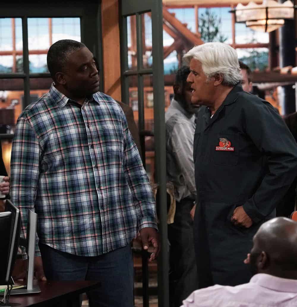 LAST MAN STANDING: L-R: Jonathan Adams and guest star Jay Leno in the “Giving Mike The Business” episode of LAST MAN STANDING airing Friday, Oct. 12 (8:00-8:30 PM ET/PT) on FOX. © 2018 FOX Broadcasting. CR: Michael Becker / FOX.