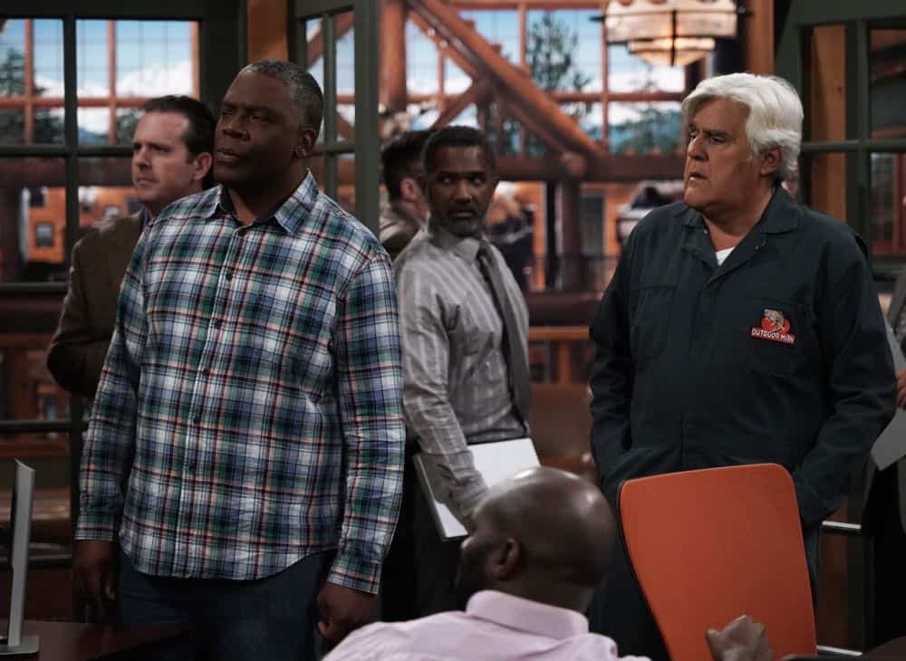 LAST MAN STANDING: L-R: Jonathan Adams and guest star Jay Leno in the “Giving Mike The Business” episode of LAST MAN STANDING airing Friday, Oct. 12 (8:00-8:30 PM ET/PT) on FOX. © 2018 FOX Broadcasting. CR: Michael Becker / FOX.
