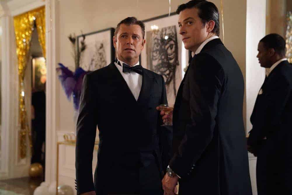 Dynasty -- "Twenty-Three Skidoo"-- Image Number: DYN201b_0422.jpg -- Pictured (L-R): Grant Show as Blake and James Mackay as Steven -- Photo: Quantrell D. Colbert/The CW -- é 2018 The CW Network, LLC. All Rights Reserved Dynasty -- "Twenty-Three Skidoo"-- Image Number: DYN201b_0422.jpg -- Pictured (L-R): Grant Show as Blake and James Mackay as Steven -- Photo: Quantrell D. Colbert/The CW -- é 2018 The CW Network, LLC. All Rights Reserved