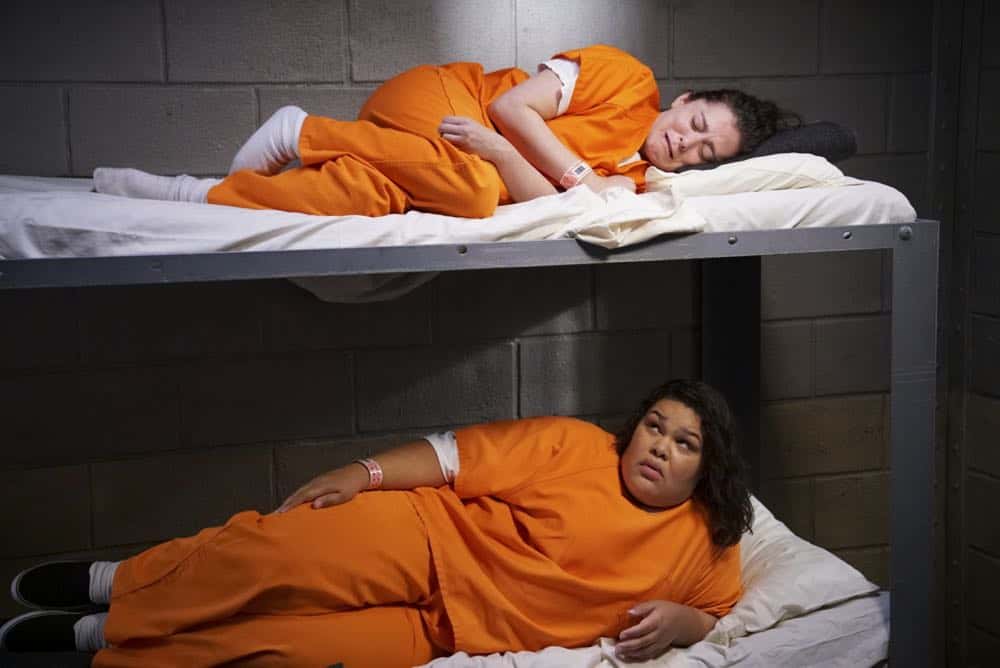 Crazy Ex Girlfriend -- "I Want To Be Here" -- Image Number: CEG401b_0072.jpg -- Pictured (top): Rachel Bloom as Rebecca (bottom) Britney Young as Nicky -- Photo: Robert Voets/The CW -- é 2018 The CW Network, LLC All Rights Reserved.