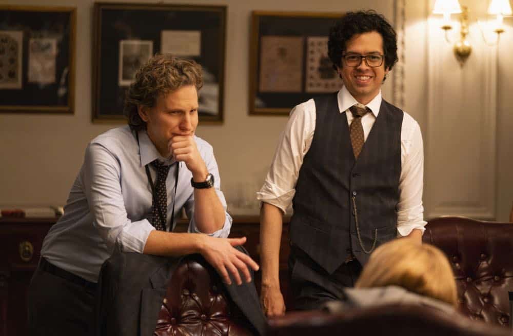 "The Chaos Game" -- When Elizabeth discovers that the White House attackers had support from overseas, she tries to hunt down those responsible without starting a war. Also, Henry comes face to face with one of the attackers, on MADAM SECRETARY, Sunday, Oct. 14 (10:30-11:30 PM, ET/10:00-11:00 PM, PT) on the CBS Television Network. Pictured (L-R) Sebastian Arcelus as Jay Whitman, and Geoffrey Arend as Matt Mahoney. Photo: Sarah Shatz/CBSé2018 CBS Broadcasting, Inc. All Rights Reserved
