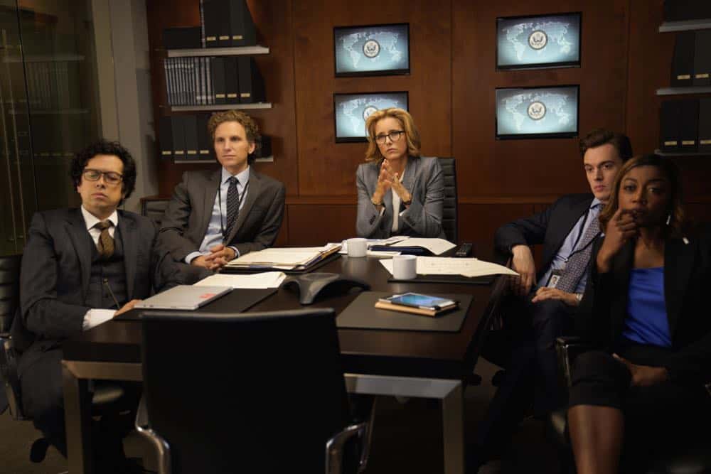 "The Chaos Game" -- When Elizabeth discovers that the White House attackers had support from overseas, she tries to hunt down those responsible without starting a war. Also, Henry comes face to face with one of the attackers, on MADAM SECRETARY, Sunday, Oct. 14 (10:30-11:30 PM, ET/10:00-11:00 PM, PT) on the CBS Television Network. Pictured (L-R) Geoffrey Arend as Matt Mahone, Sebastian Arcelus as Jay Whitman, Téa Leoni as Elizabeth McCord, Erich Bergen as Blake Moran and Patina Miller as Daisy Grant. Photo: Sarah Shatz/CBSé2018 CBS Broadcasting, Inc. All Rights Reserved