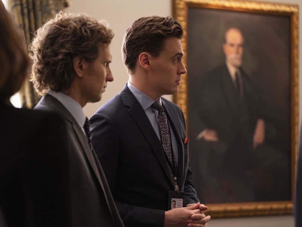 "The Chaos Game" -- When Elizabeth discovers that the White House attackers had support from overseas, she tries to hunt down those responsible without starting a war. Also, Henry comes face to face with one of the attackers, on MADAM SECRETARY, Sunday, Oct. 14 (10:30-11:30 PM, ET/10:00-11:00 PM, PT) on the CBS Television Network. Pictured (L-R) Sebastian Arcelus as Jay Whitman and Erich Bergen as Blake Moran. Photo: Sarah Shatz/CBSé2018 CBS Broadcasting, Inc. All Rights Reserved