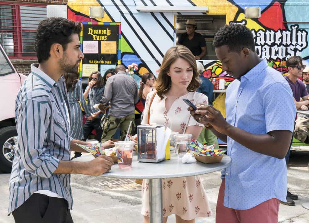 "Heavenly Taco Truck" -- Miles' wallet is stolen when he, Rakesh and Cara check out a food truck the God Account suggests that he "like." But when the account then suggests that he befriend a private investigator, Miles decides to turn the tables and have the PI help him track down the thief, who Miles believes is linked to the account, on GOD FRIENDED ME, Sunday, Oct. 14 (8:30-9:30 PM, ET/8:00-9:00 PM, PT) on the CBS Television Network. Pictured L to R: Suraj Sharma as Rakesh Singh, Violett Beane as Cara Bloom and Brandon Micheal Hall as Miles Finer. Credit: Barbara Nitke/é2018 Warner Bros. Entertainment Inc. All Rights Reserved. "Heavenly Taco Truck" -- Miles' wallet is stolen when he, Rakesh and Cara check out a food truck the God Account suggests that he "like." But when the account then suggests that he befriend a private investigator, Miles decides to turn the tables and have the PI help him track down the thief, who Miles believes is linked to the account, on GOD FRIENDED ME, Sunday, Oct. 14 (8:30-9:30 PM, ET/8:00-9:00 PM, PT) on the CBS Television Network. Pictured L to R: Suraj Sharma as Rakesh Singh, Violett Beane as Cara Bloom and Brandon Micheal Hall as Miles Finer. Credit: Barbara Nitke/é2018 Warner Bros. Entertainment Inc. All Rights Reserved.