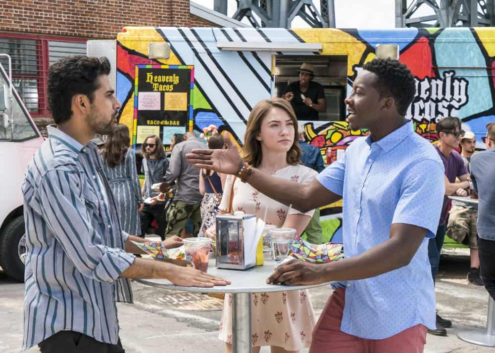 "Heavenly Taco Truck" -- Miles' wallet is stolen when he, Rakesh and Cara check out a food truck the God Account suggests that he "like." But when the account then suggests that he befriend a private investigator, Miles decides to turn the tables and have the PI help him track down the thief, who Miles believes is linked to the account, on GOD FRIENDED ME, Sunday, Oct. 14 (8:30-9:30 PM, ET/8:00-9:00 PM, PT) on the CBS Television Network. Pictured L to R: Suraj Sharma as Rakesh Singh, Violett Beane as Cara Bloom, and Brandon Micheal Hall as Miles Finer. Photo Credit: Barbara Nitke/é2018 Warner Bros. Entertainment Inc. All Rights Reserved.