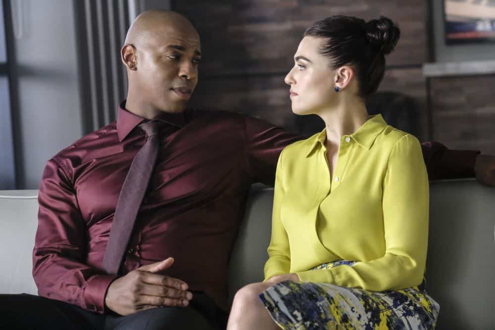 Supergirl -- "American Alien" -- Image Number: SPG401a_0118b.jpg -- Pictured (L-R): Mehcad Brooks as James Olsen/Guardian and Katie McGrath as Lena Luther -- Photo: Bettina Strauss/The CW -- é 2018 The CW Network, LLC. All Rights Reserved. Supergirl -- "American Alien" -- Image Number: SPG401a_0118b.jpg -- Pictured (L-R): Mehcad Brooks as James Olsen/Guardian and Katie McGrath as Lena Luther -- Photo: Bettina Strauss/The CW -- é 2018 The CW Network, LLC. All Rights Reserved.