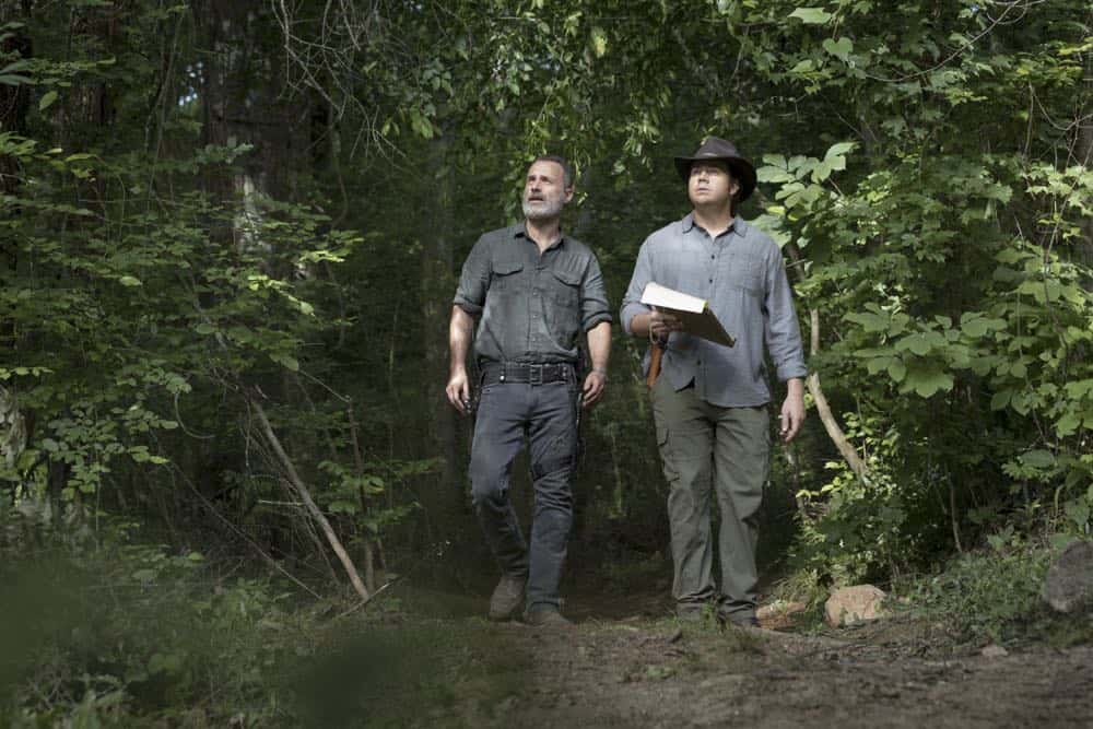 Andrew Lincoln as Rick Grimes, Josh McDermitt as Dr. Eugene Porter - The Walking Dead _ Season 9, Episode 2 - Photo Credit: Jackson Lee Davis/AMC Andrew Lincoln as Rick Grimes, Josh McDermitt as Dr. Eugene Porter - The Walking Dead _ Season 9, Episode 2 - Photo Credit: Jackson Lee Davis/AMC