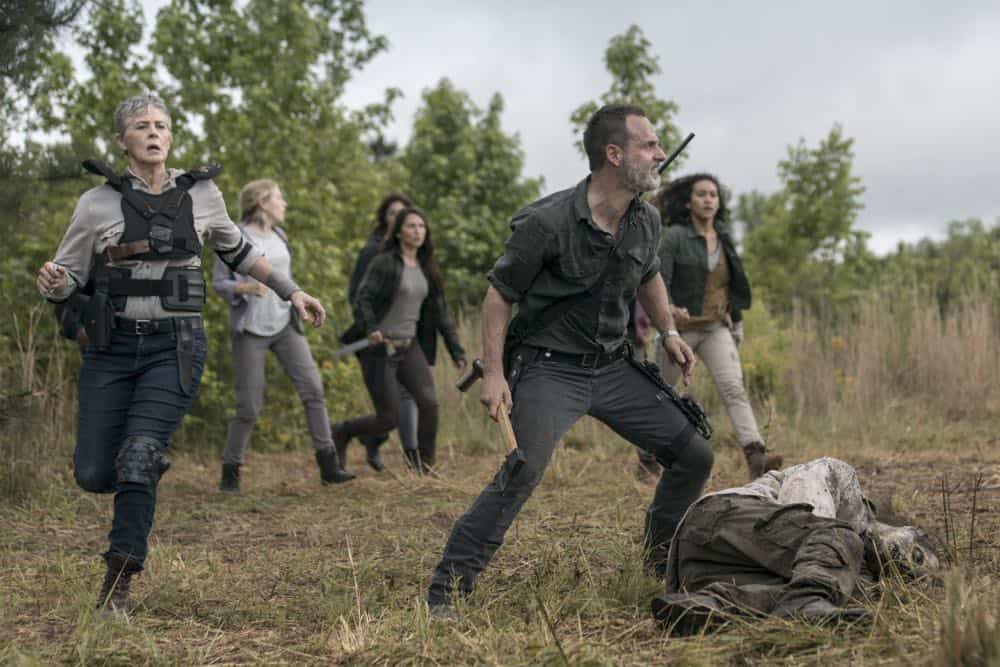 Andrew Lincoln as Rick Grimes, Melissa McBride as Carol Peletier, Lindsley Register as Laura, Sydney Park as Cyndie, Nicole Barre as Kathy - The Walking Dead _ Season 9, Episode 2 - Photo Credit: Jackson Lee Davis/AMC