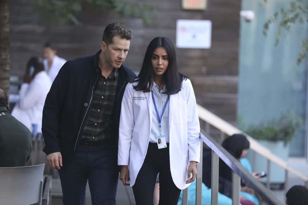 MANIFEST -- "Unclaimed Baggage" Episode 104 -- Pictured: (l-r) Josh Dallas as Ben Stone, Parveen Kaur as Saanvi Bahl -- (Photo by: Craig Blankenhorn/NBC/Warner Brothers) MANIFEST -- "Unclaimed Baggage" Episode 104 -- Pictured: (l-r) Josh Dallas as Ben Stone, Parveen Kaur as Saanvi Bahl -- (Photo by: Craig Blankenhorn/NBC/Warner Brothers)