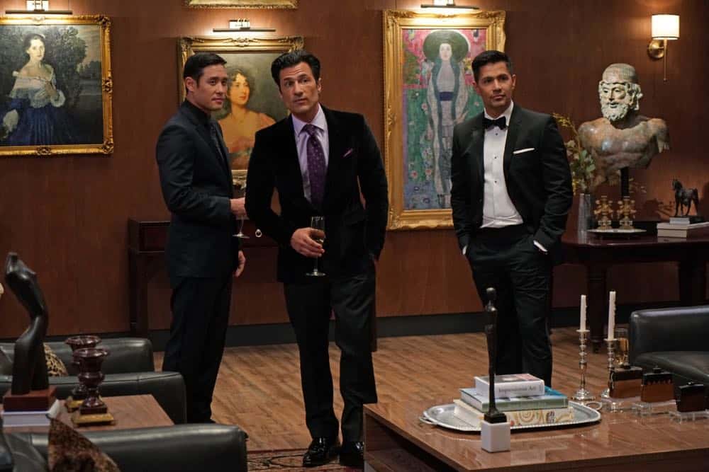 "Six Paintings, One Frame" -- A close friend of Higgins, an art connoisseur who had recently hired Magnum to test his security, is murdered, and Thomas is arrested as the main suspect, on MAGNUM P.I., Monday, Oct. 15 (9:00-10:00 PM, ET/PT) on the CBS Television Network. Pictured L-R: Raymond Lee as James Chen, Hal Ozsan as Jack Candler, and Jay Hernandez as Thomas Magnum Photo: Karen Neal/CBS é2018 CBS Broadcasting, Inc. All Rights Reserved