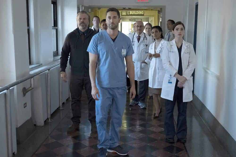 NEW AMSTERDAM -- "Boundaries" Episode 104 -- Pictured: (l-r) Tyler Labine as Dr. Iggy Frome, Ryan Eggold as Dr. Max Goodwin, Anupam Kher as Dr. Vijay Kapoor, Freema Agyeman as Dr. Helen Sharpe, Janet Montgomery as Dr. Lauren Bloom -- (Photo by: Francisco Roman/NBC) NEW AMSTERDAM -- "Boundaries" Episode 104 -- Pictured: (l-r) Tyler Labine as Dr. Iggy Frome, Ryan Eggold as Dr. Max Goodwin, Anupam Kher as Dr. Vijay Kapoor, Freema Agyeman as Dr. Helen Sharpe, Janet Montgomery as Dr. Lauren Bloom -- (Photo by: Francisco Roman/NBC)